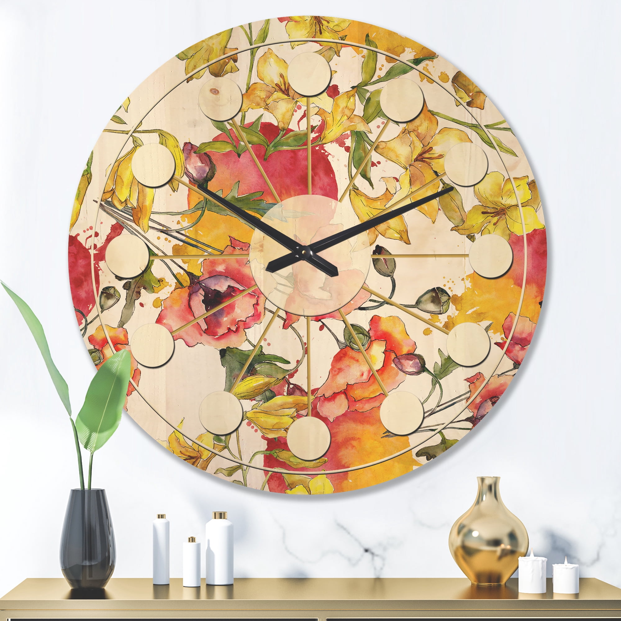 Designart 'Retro Abstract Poppies IV' Mid-Century Modern Wood Wall Clock
