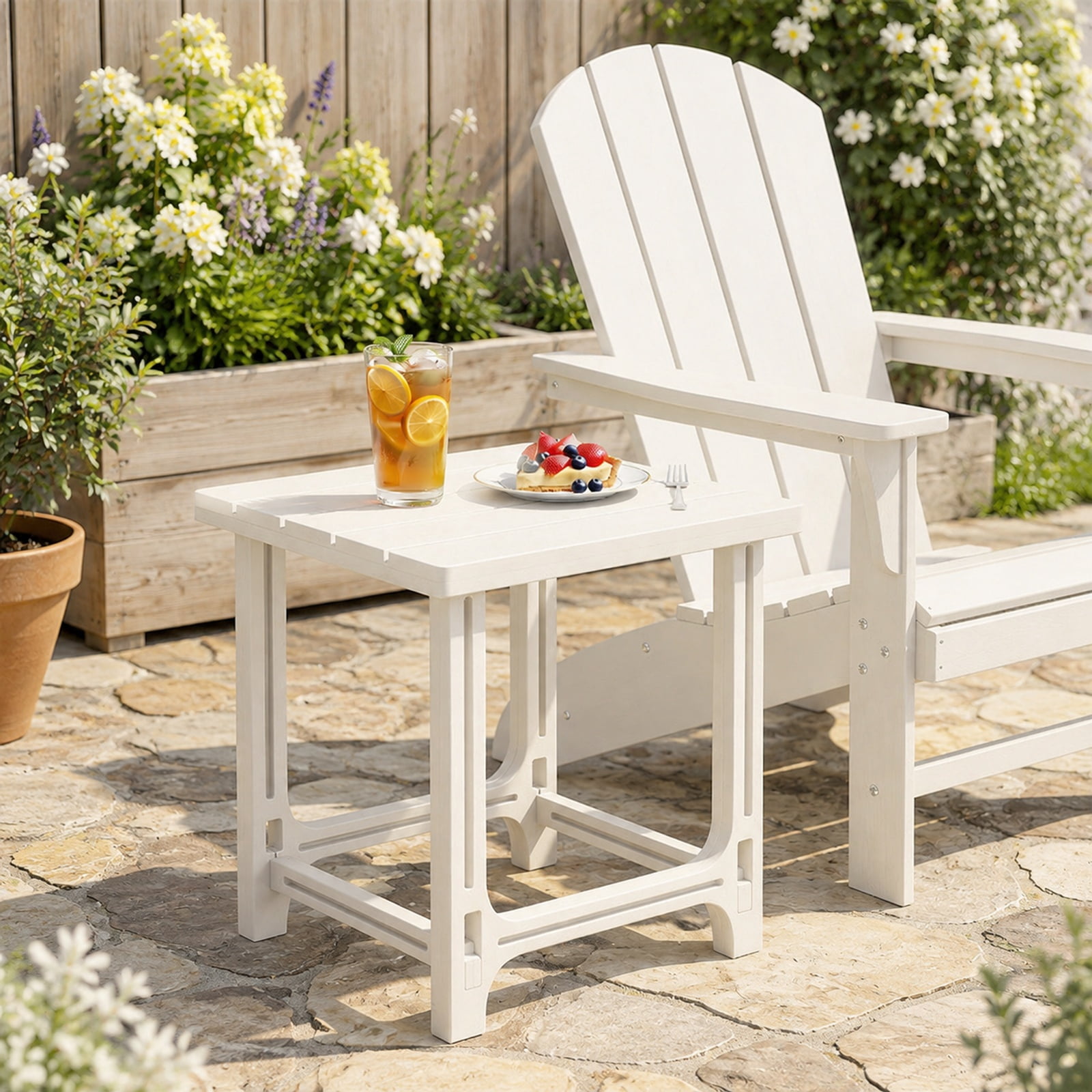 Biotree 18 Inch Adirondack Side Table Outdoor, All-Weather HDPE Patio End Table with Slatted Top and 315 lbs Capacity for Poolside Deck, White