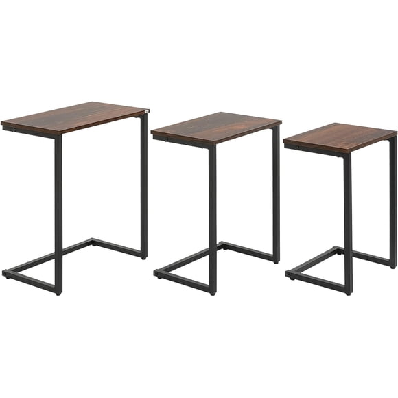 Nesting Coffee Table Set of 3, Industrial C Shape Snack Side Table with Steel Frame for Sofa Bed, Bed, Living Room, Rustic Brown