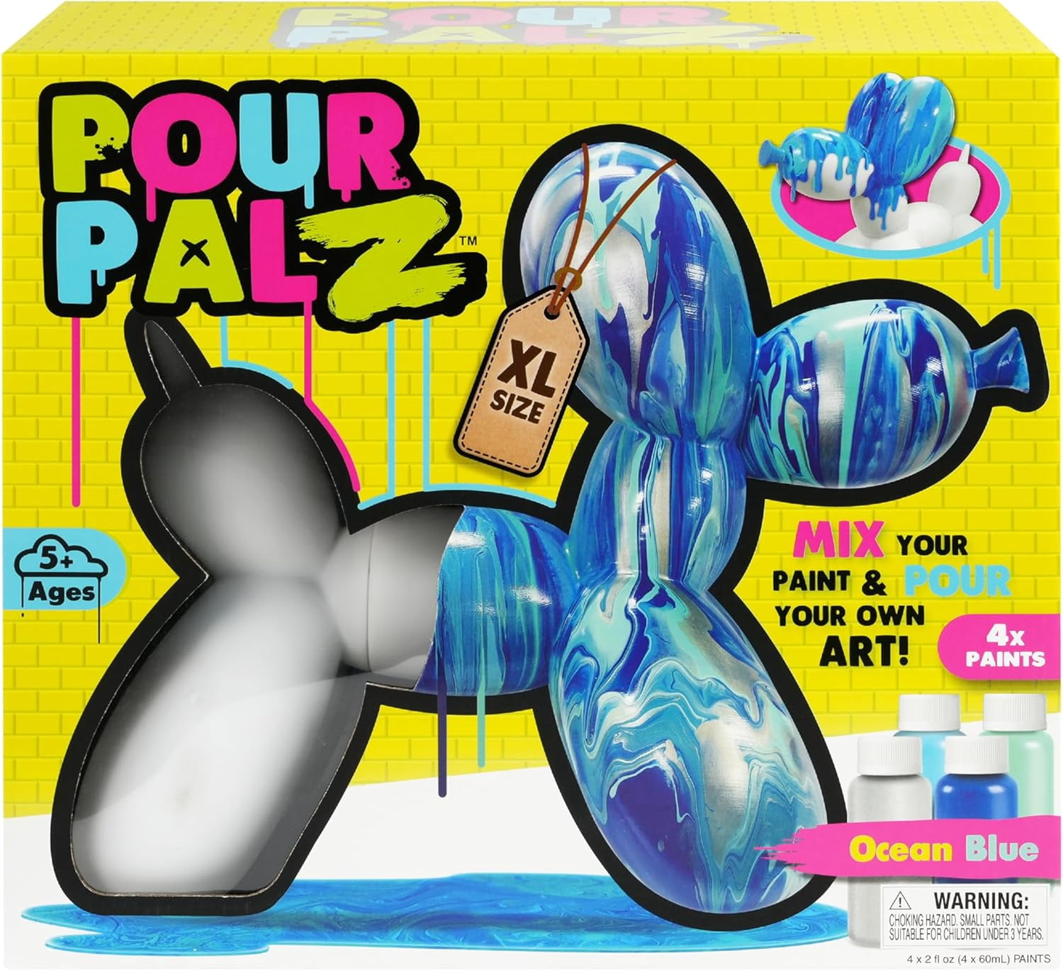 Pour Palz DIY Paint Pouring Kit – 1 XL Balloon Dog, 4 Acrylic Pour Paints, Mixing Cups & Tools, Create Unique Marbled Art, Fun Hands-On Craft Kit for Kids & Adults, Ocean Blue, Ages 5+