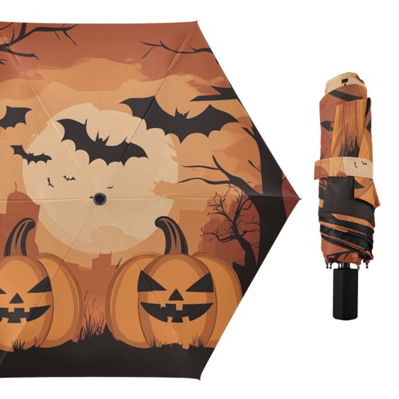 Pumpkins Bats Tree Compact Sun Umbrella Windproof Travel Umbrellas for Rain Strong Portable UV Protection