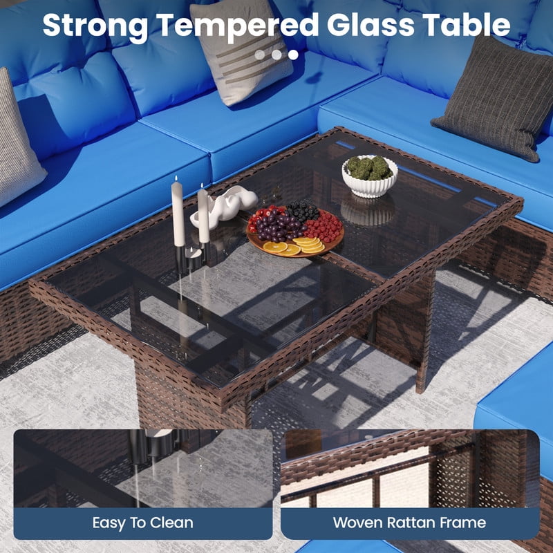 AMOPATIO 7-Piece Patio Furniture Set, Outdoor Sectional Sofa with Dining Table, All Weather Rattan Conversation Set with Ottoman, Navy
