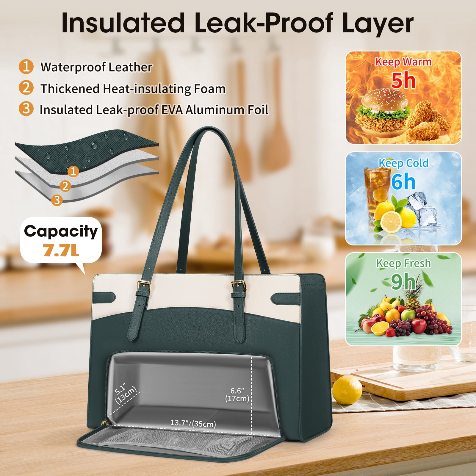 RAINSMORE 15.6 inch Lunch Tote Bag for Women Laptop Bags with Insulated Lunch Compartment Teacher Work Bag for Office Travel,GreenWhite