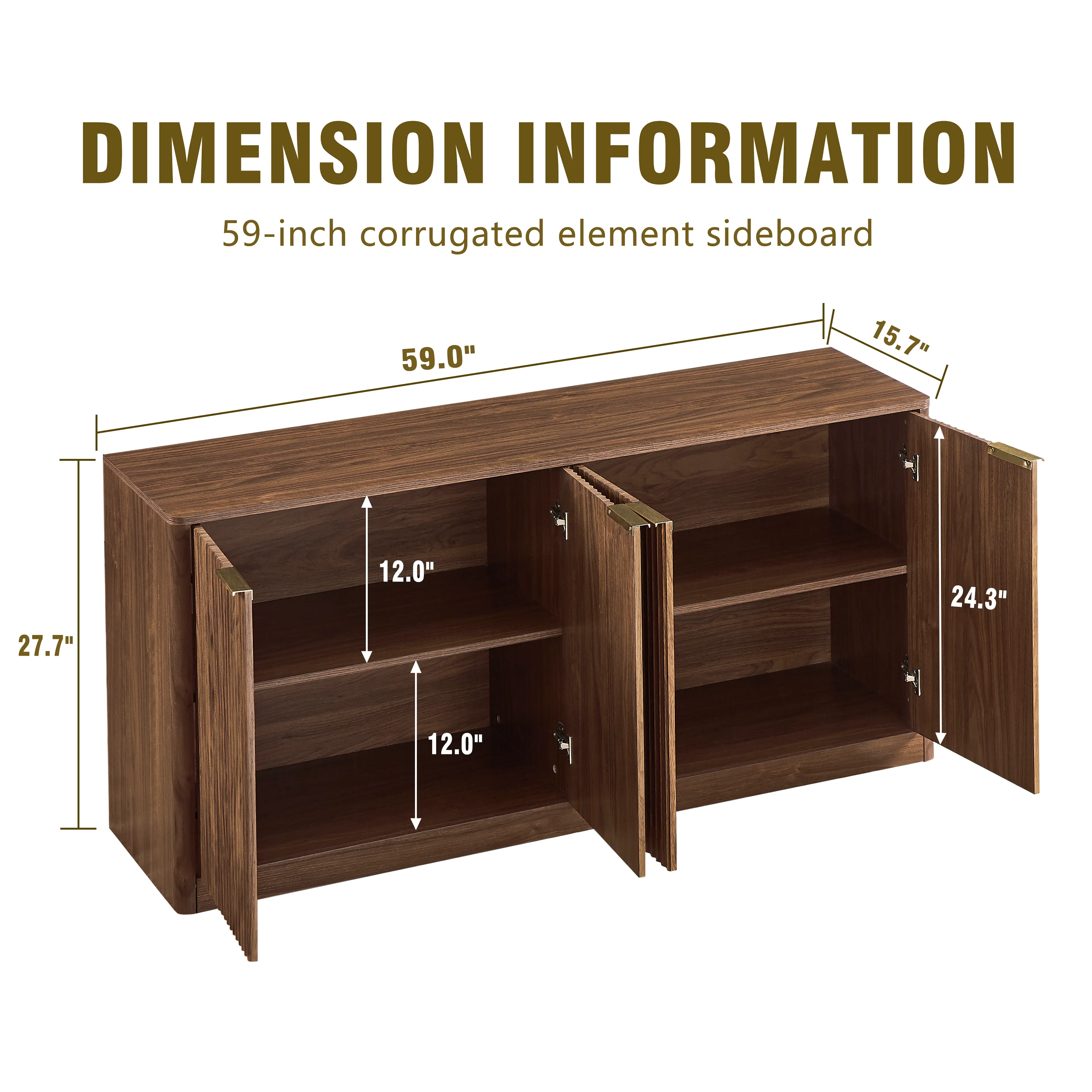 Aukfa 59" Modern Sideboard Cabinet, Wood Storage Credenza & TV Cabinet with 6 Fluted Doors for Living Room/Dining Room,Walnut