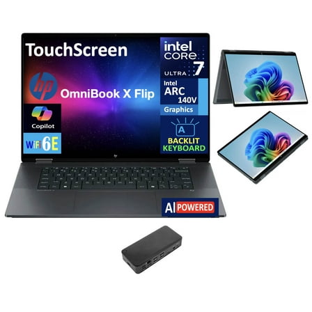 HP OmniBook X Flip 2-in-1 AI Powered 2-in-1 Laptop 16.0in Touchscreen IPS WUXGA Display (Intel Ultra 7-256V, 16GB LPDDR5X, 8TB PCIe SSD, Backlit KB, Thunderbolt 4, WiFi 6E, Win 11 Home) w/USB-C Dock