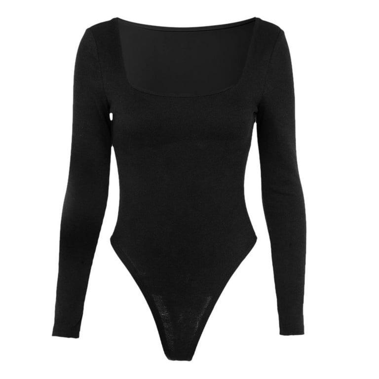 fartey Long Sleeve Bodysuit for Women Black Square Neck Stretchy Sexy Slim  Fit Tops Bodysuit Jumpsuit Shapewear