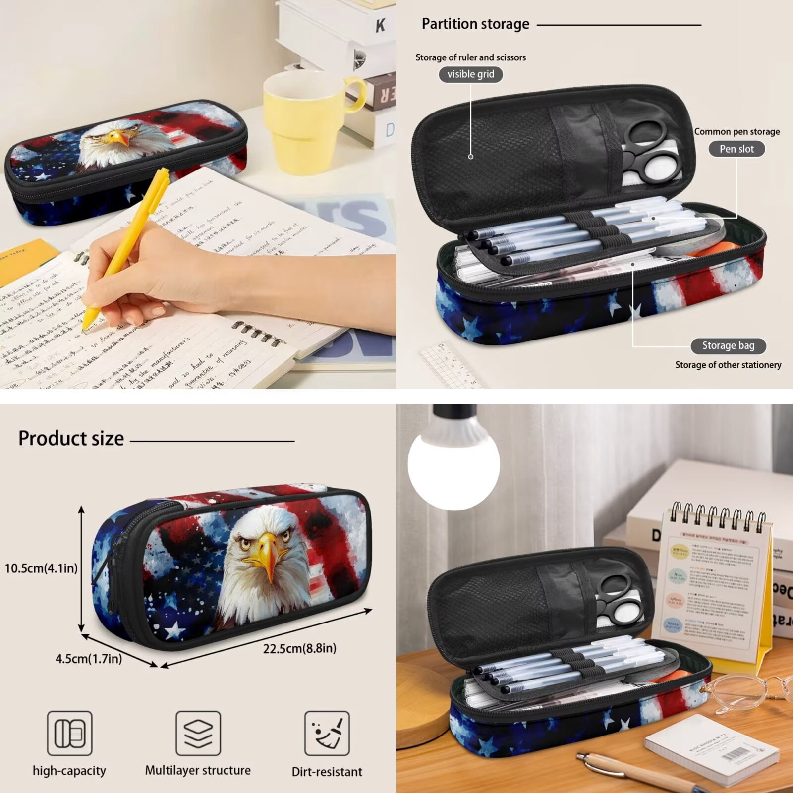 Pzuqiu American Flag Eagle Kids Backpack for Girls 4 Piece School Bookbag for Kids with Lunch Box Pencil Case 2pcs Bookmark 17 Inch Middle School Backpack Travel Rucksack