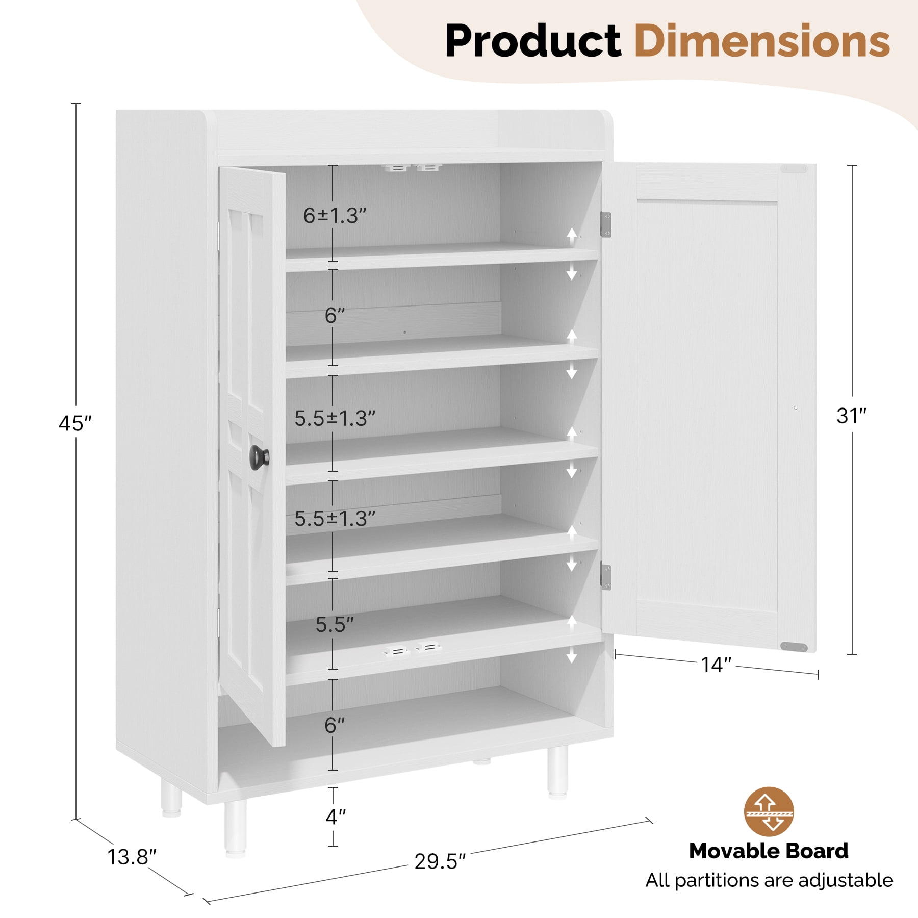 MOONMISS 5-Tier Adjustable Shelves Shoe Cabinet with Doors,Freestanding Shoe Storage Organizer,Shoe Rack for Entryway,Hallway,Closet