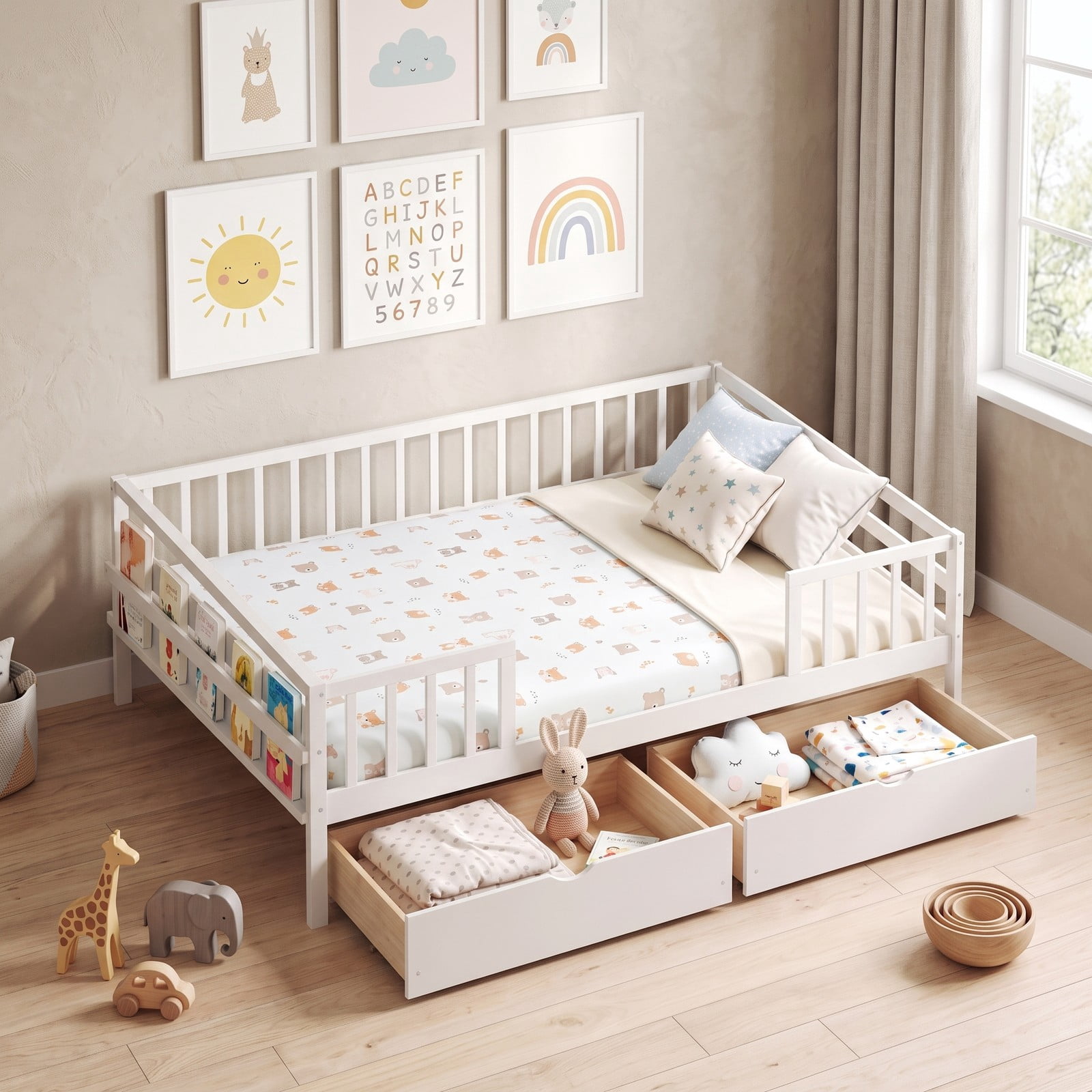 Furnibear Full Size Wood Daybed with Full Fence Rails and 2 Pull-Out Storage Drawers for Kids and Teens Bedroom and Nursery, White