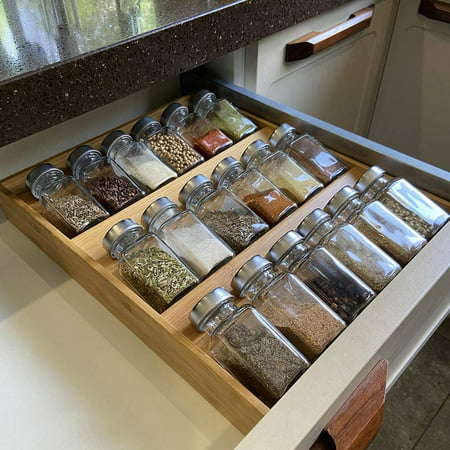 Bamboo Spice rack In-Drawer Kitchen Cabinet Spice 18 Bottle Holder Tray ...