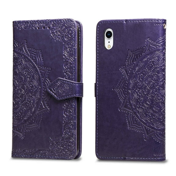 iPhone Xr Wallet Cases and Covers, Allytech Slim Premium PU Flip Stand Cover Mandala Embossed Full Body Protection with Card Holder Magnetic Closure for iPhone Xr, Purple
