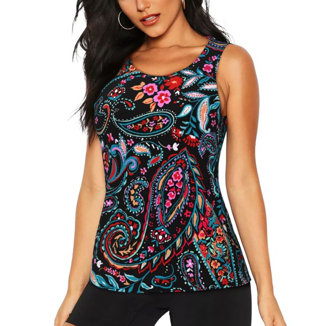 Fotbe Paisley Blusas Sin Mangas para Mujer – Estilo Casual, Corte Suelto, Slim-Fit, Cuello Redondo Deportivo, Tops de Verano para Gimnasio y Yoga-Medium