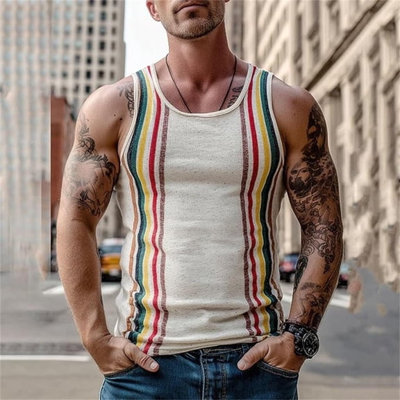 Mens Tank Tops Retro Striped Workout Summer Sleeveless Gym Classic Fit Breathable Streetwear Muscle Men Undershirts White L