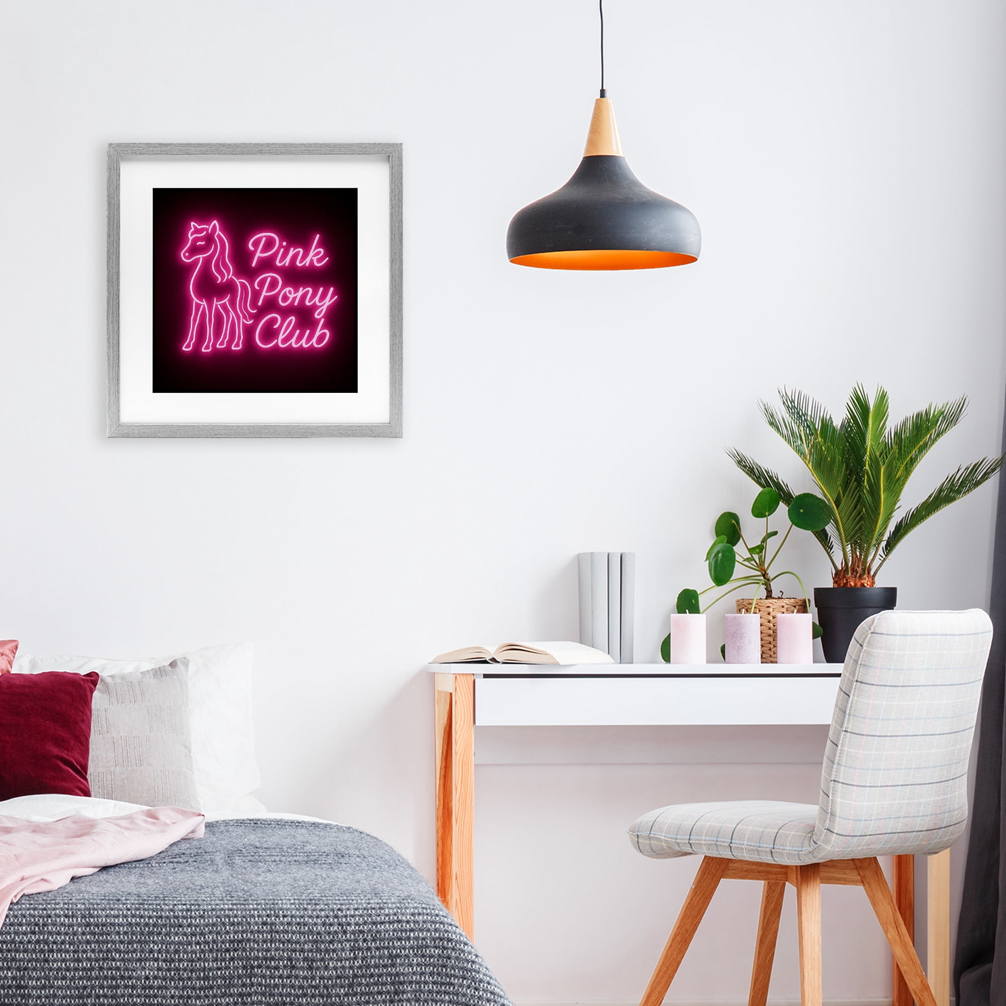 Stupell Industries Pink Pony Club Neon Gray Framed Print Under Glass, design by Grotto Studios