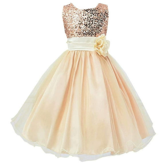 Girls Dress, Wedding Gown Bridesmaid Princess Tulle Sequined Sleeveless Party Dress for Toddlers Little & Big Girls, 1# Champagne, US 4-5 Years = Tag 120