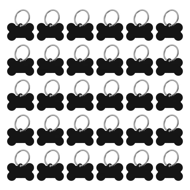 Etiquetas de identificación para mascotas en forma de hueso, 38mmx25mm/1.5"x1" metal negro en blanco con anillo para manualidades, 30 piezas