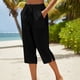 thumbnail image 2 of Pantalones de Lino Mujeres Outfits de Vacaciones Casual Elástico de la Cintura Cordón Suelto Recto Tubo Capris para la Playa de Verano, 2 of 5