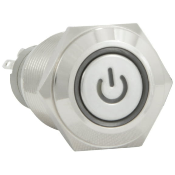 JacobsParts Latching Maintained Pushbutton ON/OFF Switch Circular Metal Silver with White Power Symbol LED Light fits 5/8" (16mm) Diameter Panel Cutout Hole