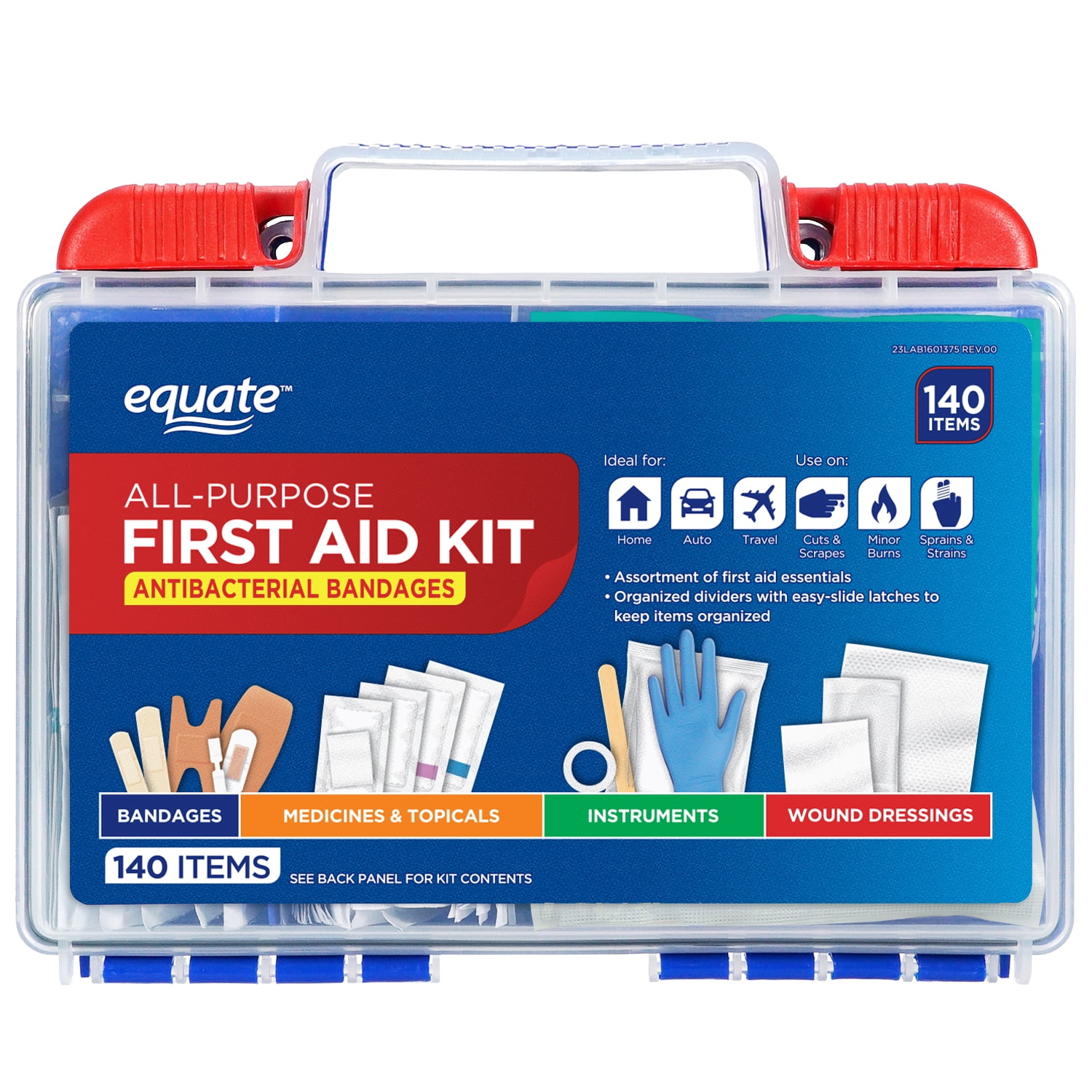 Equate All-Purpose First Aid Kit with Antibacterial Bandages, 140 Items