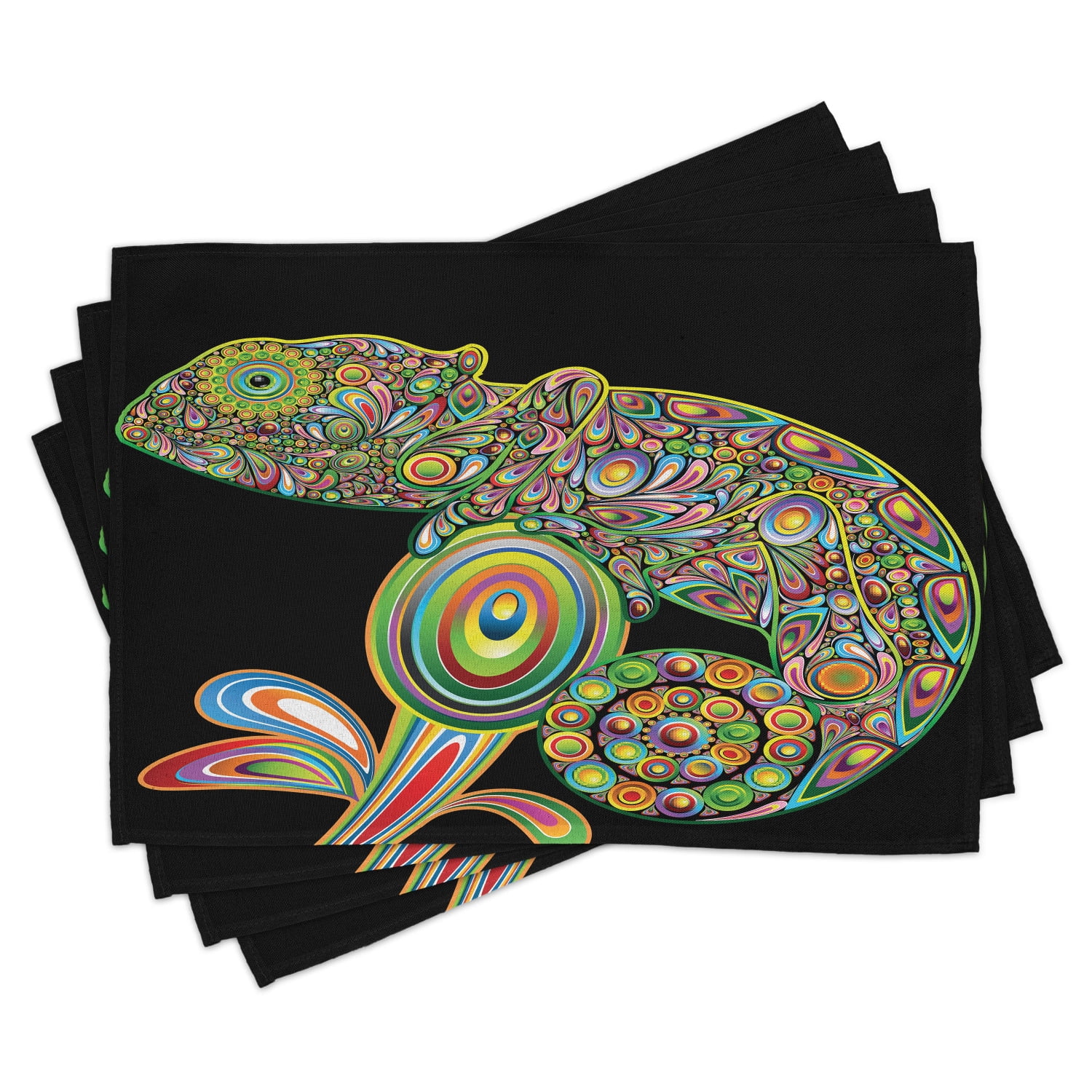 Psychedelic Placemats Set of 4 Pop Art Chameleon Figure with Elements