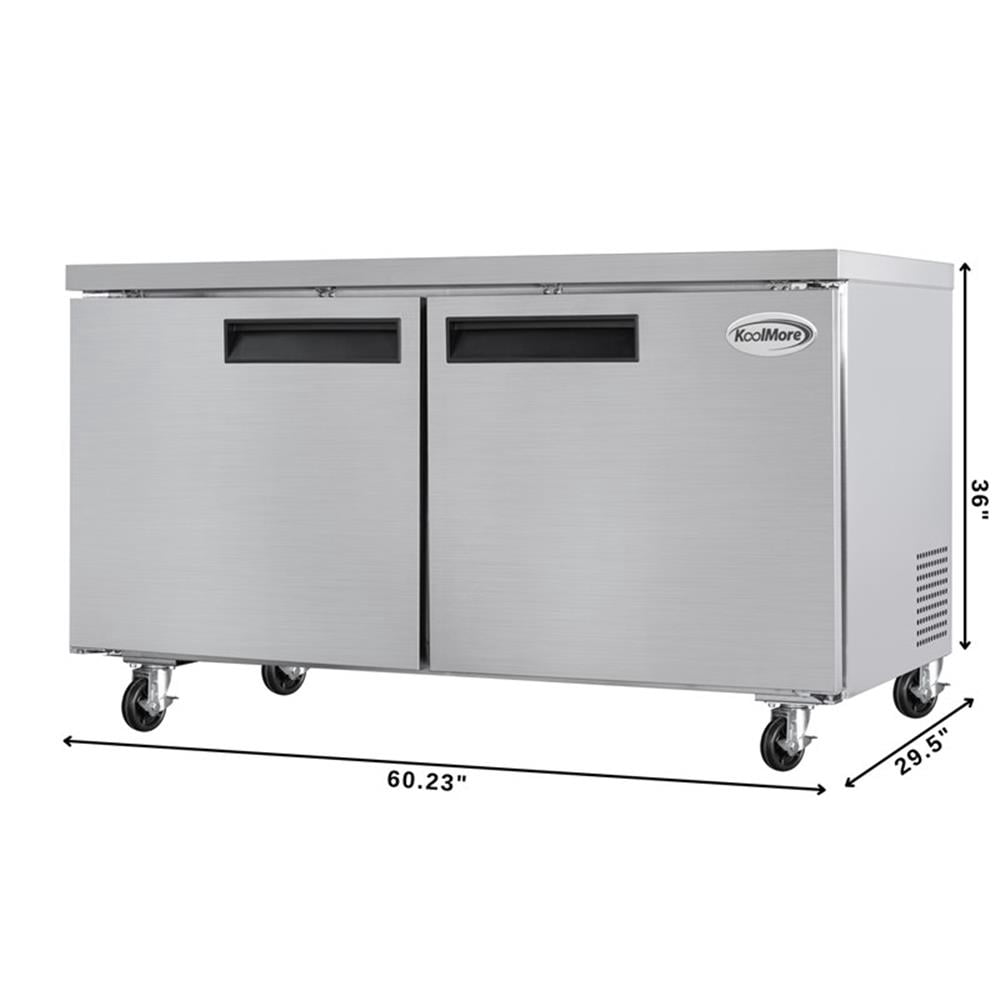Pemberly Row 60" Two-Door Commercial Undercounter Freezer with Casters in Silver