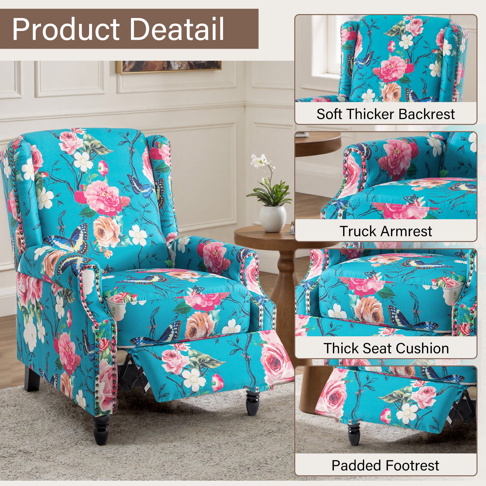 UIXE Floral Pushback Recliner Chairs Set of 2, Fabric Upholstered Armchair Push Back Accent Chair for Living Room, Rivet Trim Club Chair Home Theater Single Sofa Reading Seat, Peacock Blue