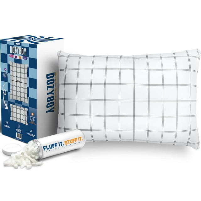 DozyBoy Fluff and Stuff Comfort Pillow | Queen Size Memory Foam Pillows, Chiropractor Designed and Approved 2-in-1 Back Support and Bed Pillows | Fully Adjustable Pillow (Checker,