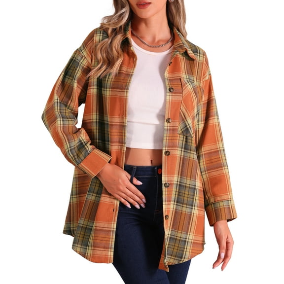 DARING DIVA Women's Long Sleeve Plaid Button Down Shirt Blouse Top XS Orange
