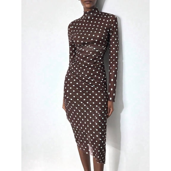 Brown Polka Dot High-Neck Ruched Long Sleeve Midi Dress, Elegant Fitted Design For Office Or Evening Wear