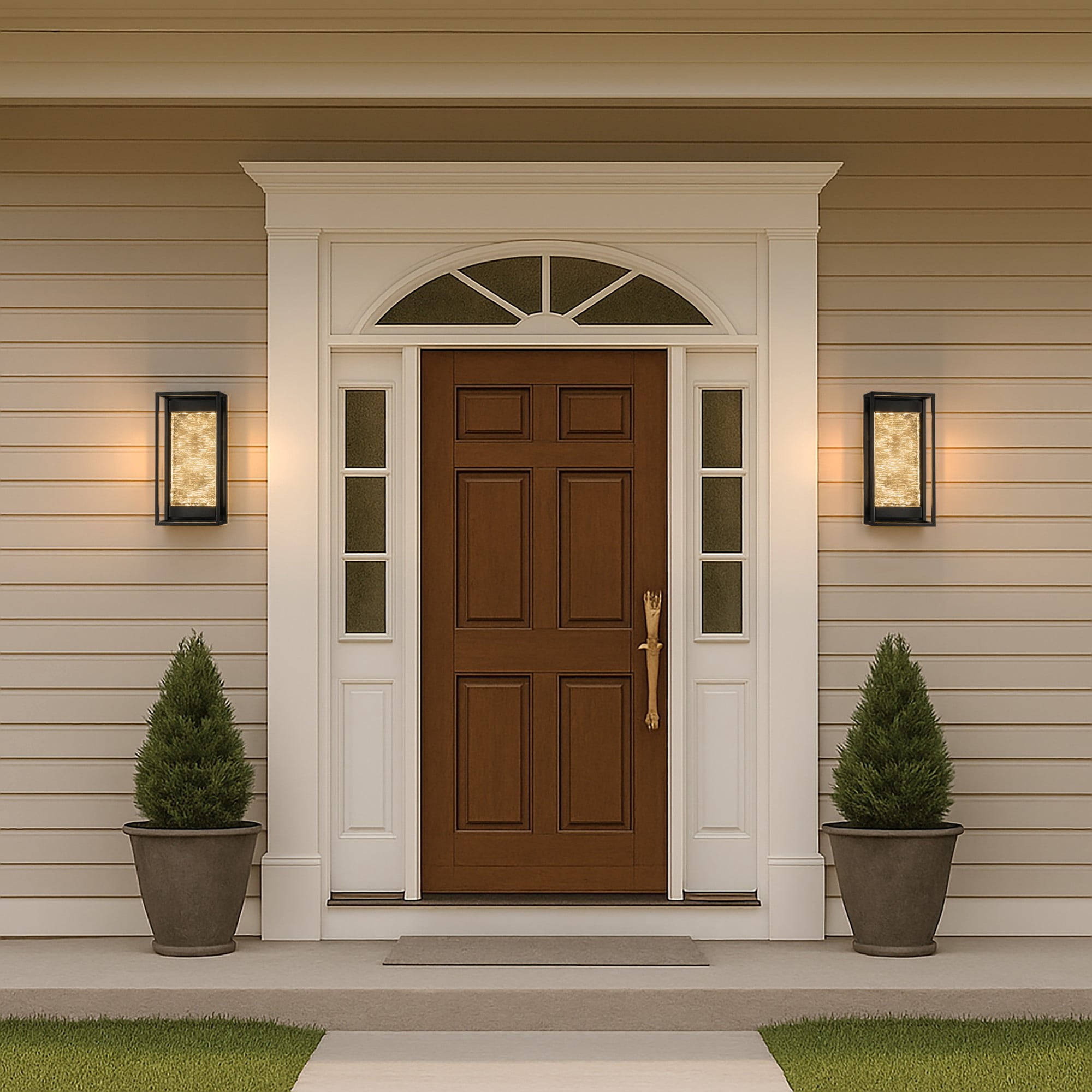 H15" Modern Outdoor Integrated LED Wall Light with Dusk to Dawn Sensor Matte Black Exterior Light Fixture with Handcrafted Textured Glass Wall Lantern for Porch Garage Entryway