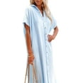 thumbnail image 6 of Women Swimsuit Cover Up Dress Short Sleeve Side Split Button Down Long Shirt Dress Cardigan Maxi Beach Dress, 6 of 9
