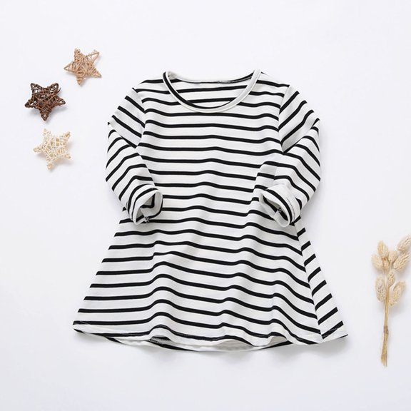 JUSLIO Girls Pleated Dress Striped Crew Neck Long Sleeve Casual Cotton Dresses Size 2 Y