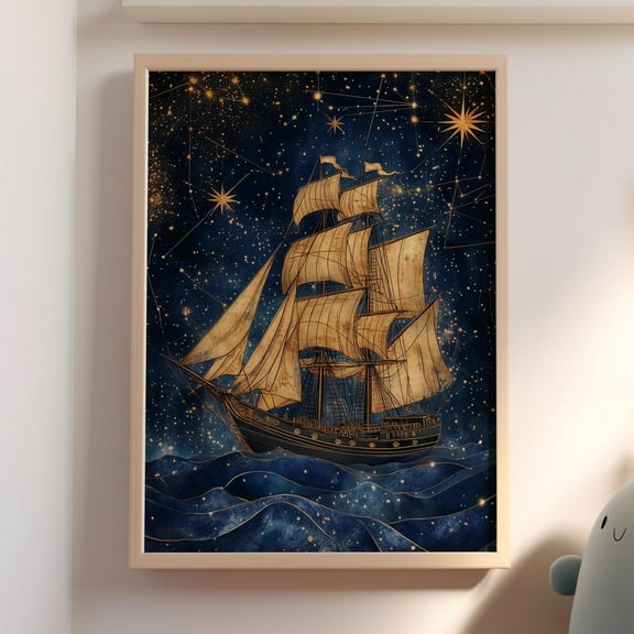 Ancient Sailing Ship In The Sea Of Stars Poster Or Print, Celestial Ship, Vintage Pirate Ship Blue And Gold Nautical Art Wall Decor Wall Art, Modern Wall Decor, 24x36 UNFRAMED