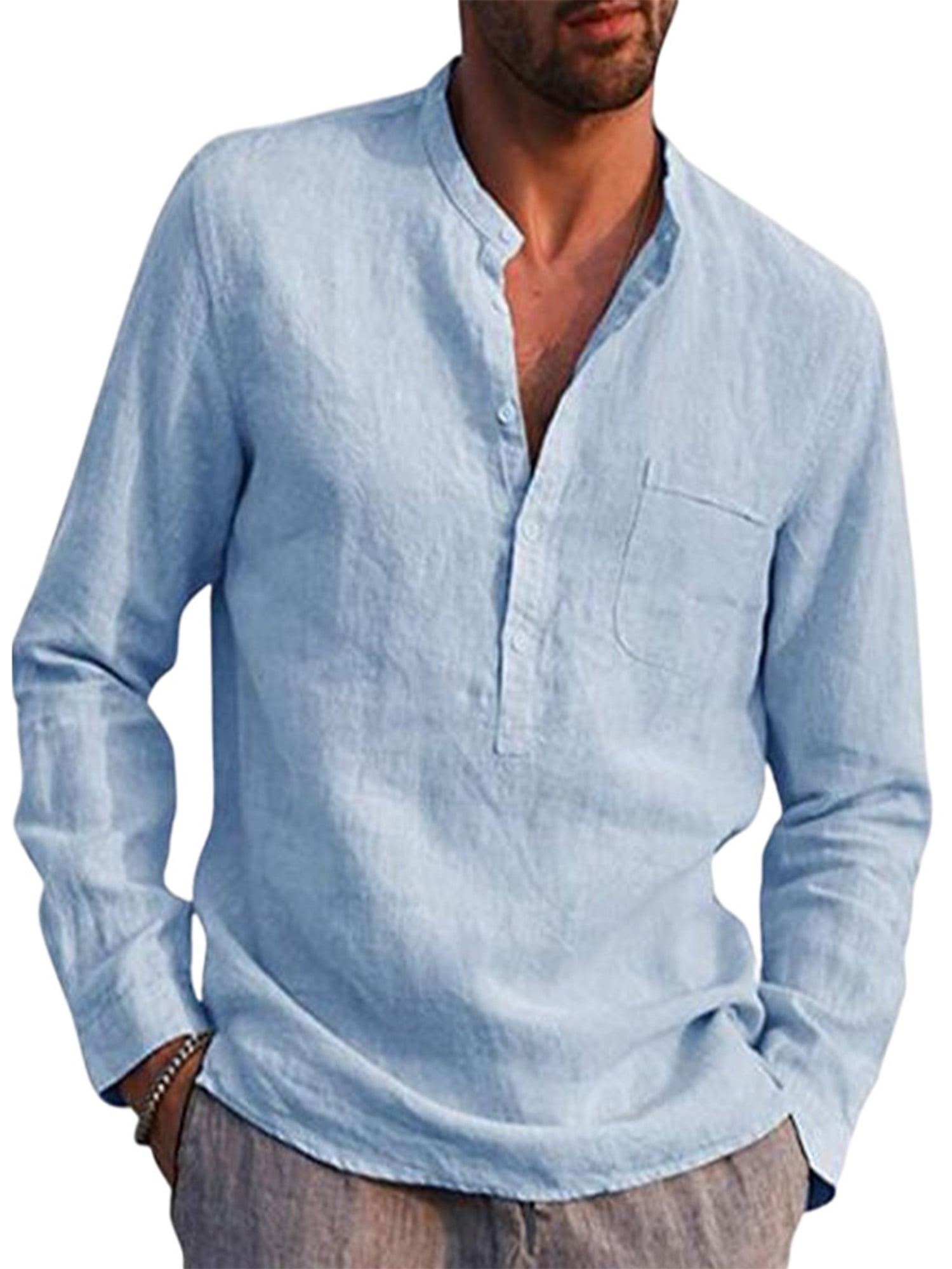 Mens Linen Henley Shirts Casual Long Sleeve T Shirt Pullover Tees V Neck Curved Hem Regular Fit Cotton Shirts Beach Yoga Tops Blouse with Pocket 