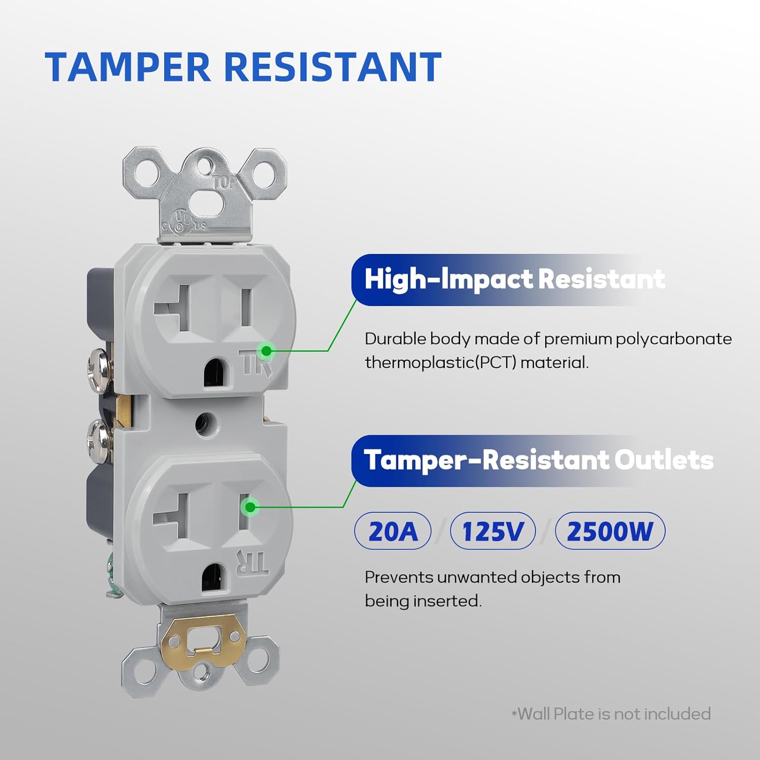 Tamper Resistant Duplex Receptacle, Gray Residential Grade Electrical Wall Outlet, Self-Grounding, 20A/125V, 2 Pole 3 Wire, UL Listed, 10 Pack