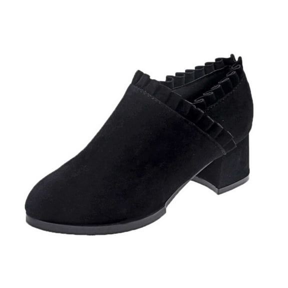 Jsaierl Womens Ruffled Ankle Boots V Cut Out Pointed Toe Chunky Low Heel Dressy Western Booties