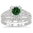 thumbnail image 2 of 1.25 Carat Emerald & Diamond Vintage halo floral Bridal Set Engagement Ring on 10k White Gold, 2 of 2