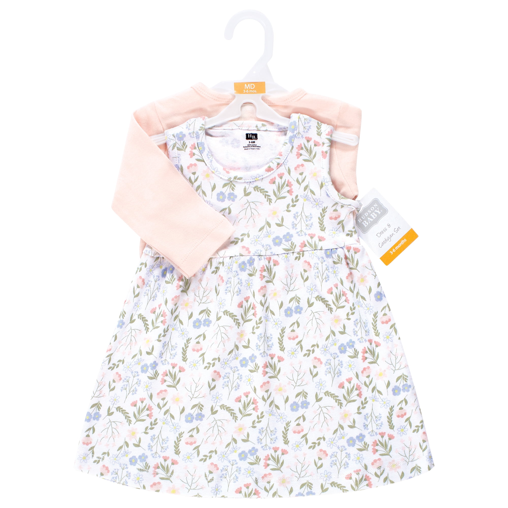 Hudson Baby Infant and Toddler Girls Cotton Dress and Cardigan Set, Pastel Wildflower, 12-18 Months