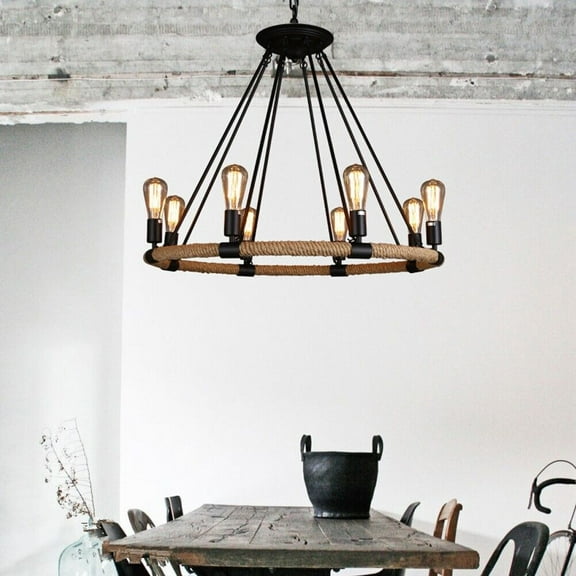 KPIBEST Round Wooden Chandelier Metal Pendant 8 Decorative Lighting Fixture Retro Rustic Antique Ceiling Lamp