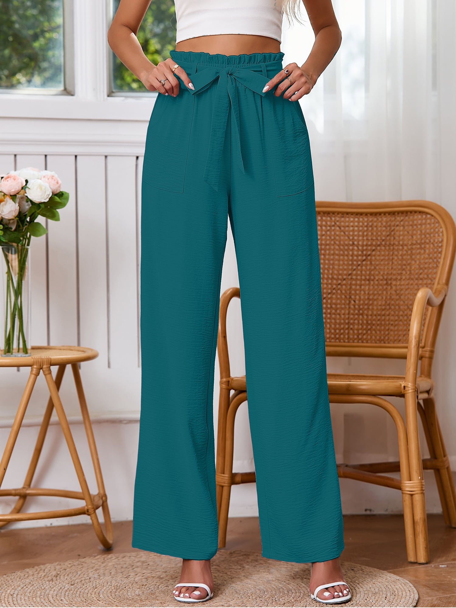 Chiclily Women's Wide Leg Pants with Pockets Turquoise Small