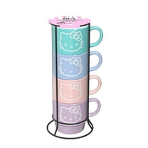 Zak Designs 14oz 4pc Hello Kitty Ceramic Stacking Mugs in Wire Rack