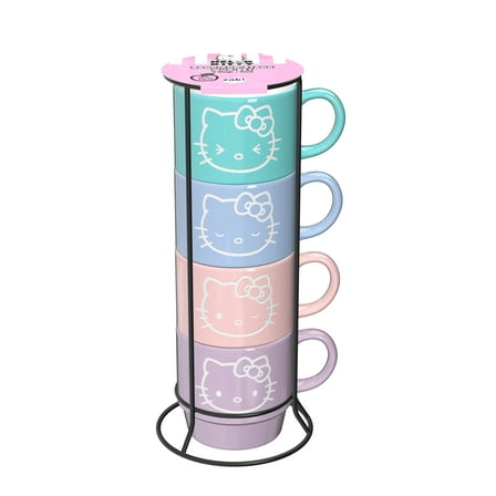 Zak Designs 14oz 4pc Hello Kitty Ceramic Stacking Mugs in Wire Rack