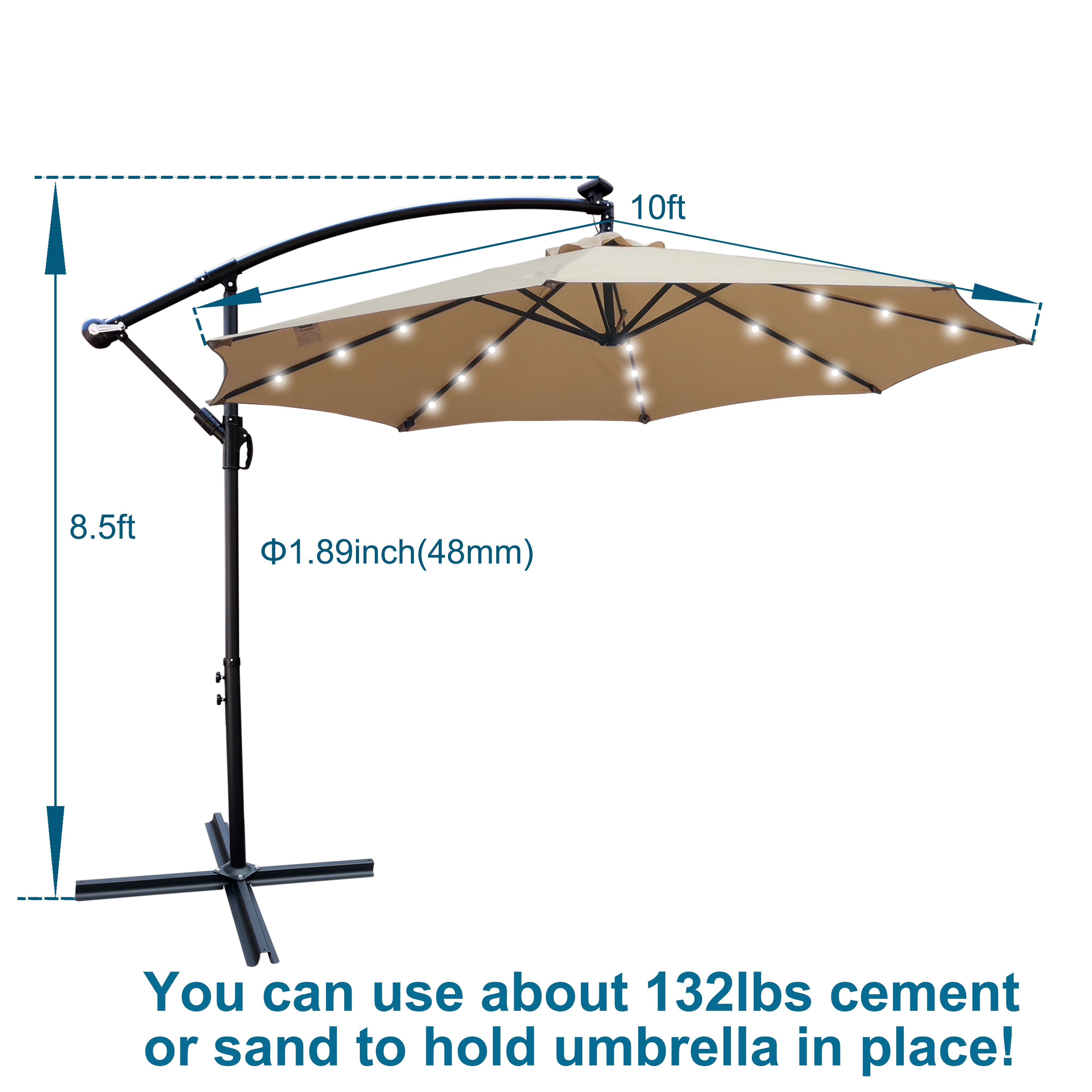 Jopath 10ft Patio Umbrella Solar Powered LED Lighted with Crank and Cross Base,Waterproof Market Umbrella for Garden Deck Backyard Pool Shade,Tan