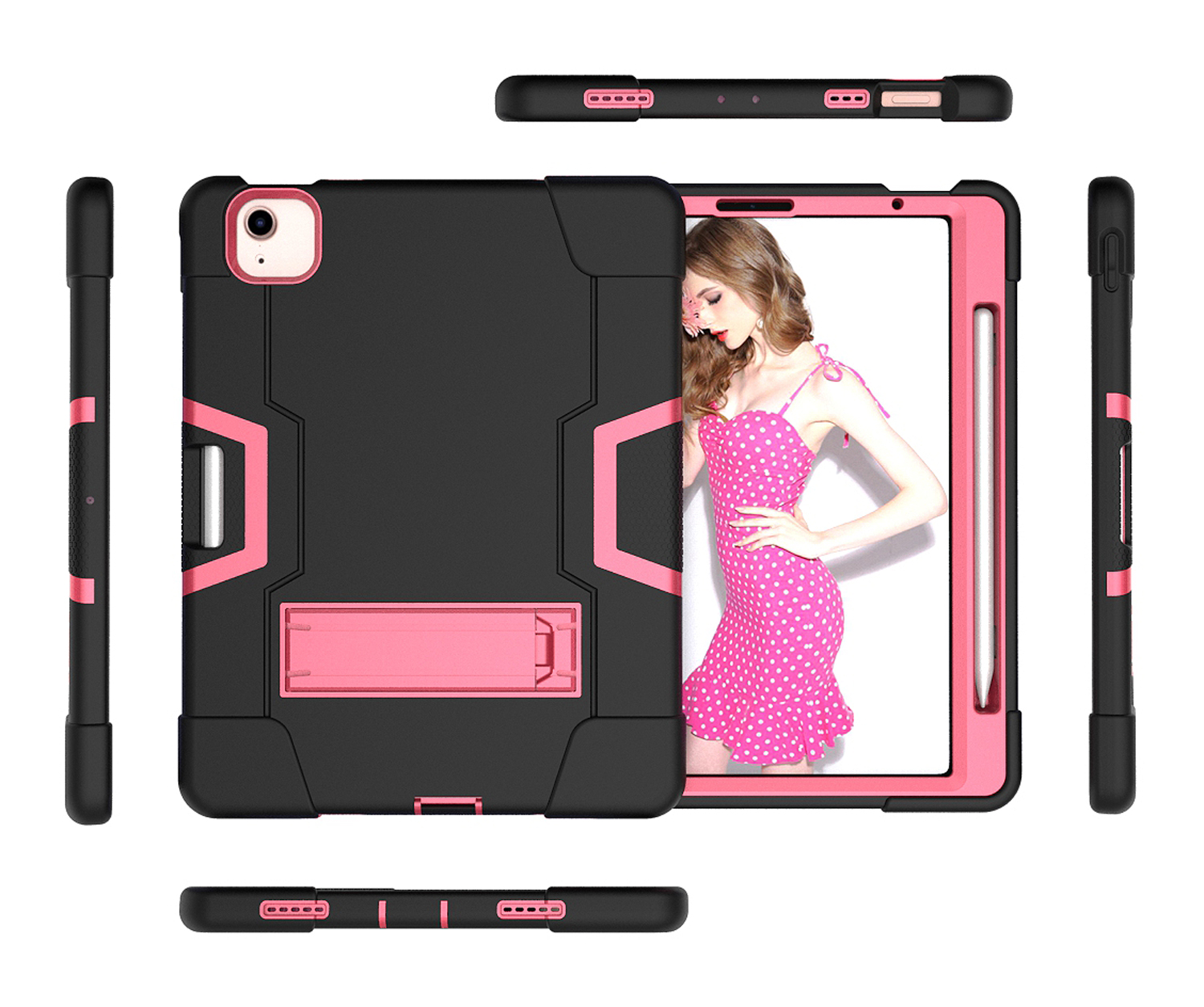 Allytech iPad Air 5 Case 2022, iPad Air 4 Case 2020, Heavy Duty Protection Shockproof Build In Kickstand Pencil Holder Kids Friendly Case for Apple iPad Air 5th 4th Generation, BlackBlack/Rose