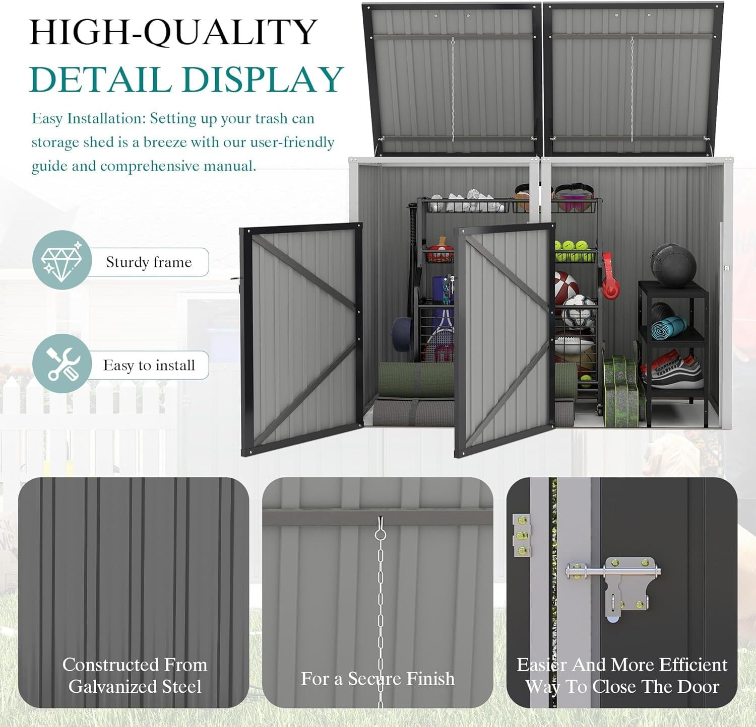 Montary 54 CU.FT Metal Outdoor Garbage Bin Storage Shed with Chain Lid, Waterproof Trash Can Organizer for 2 Bins, Garden Tools for Garden Yard Lawn, Dark Grey