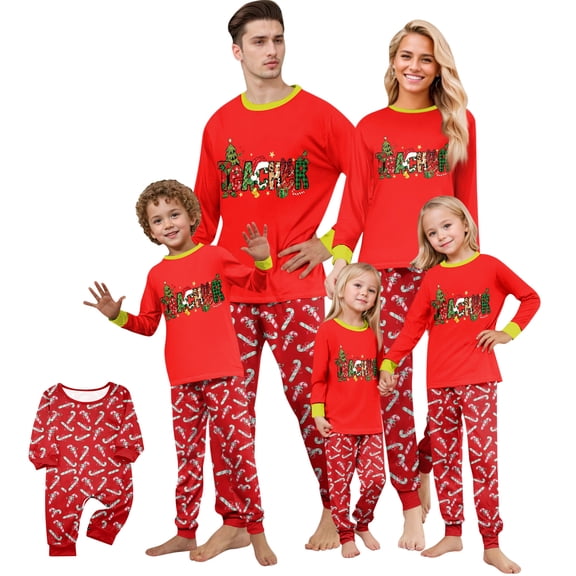 Onlypjs Family Christmas Pajamas Matching Sets Teacher Letter Candy Cane Print Sleepwear Holiday Loungewear for Couples, Women and Men