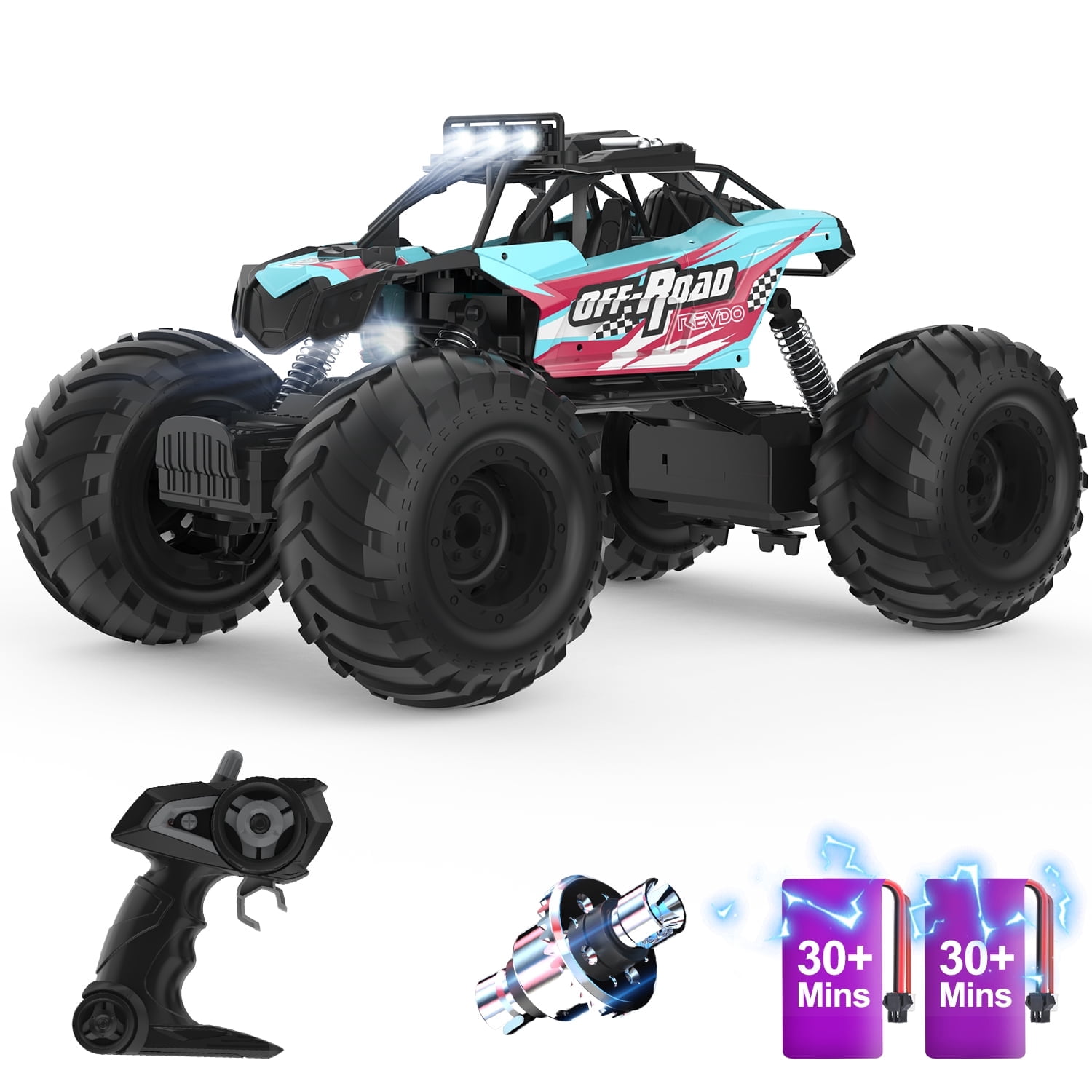 JoyStone 1:10 RC Cars for Kids , 2.4Ghz RC Monster Truck with Light, 2 Batteries, 60+ Mins, Off Road Vehicle for Adults, Blue