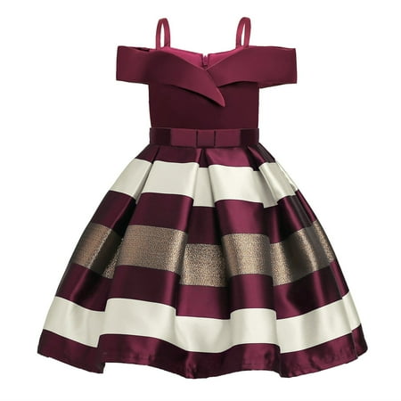 

Odeerbi Toddler Girls Princess Dresses Party Gowns Striped Off Shoulder Evening Dress Children Sleeveless Dress Spliced Color Formal Dress Burgundy
