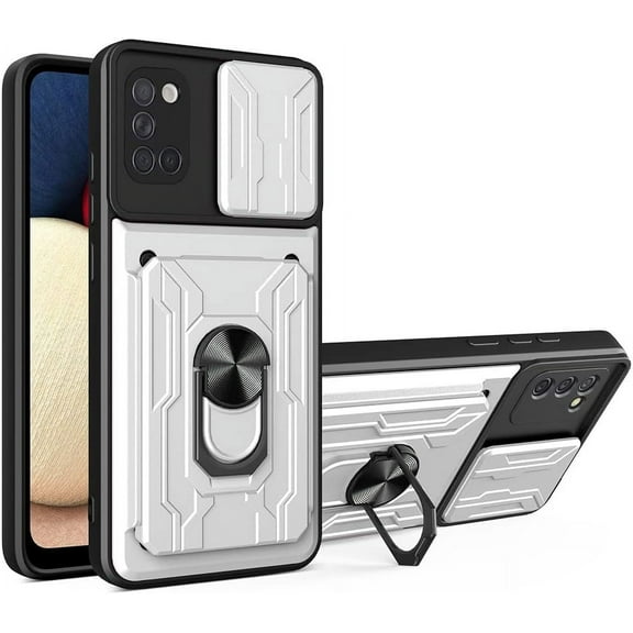 Case for Samsung Galaxy A71 5G with Card Holder, Heavy Duty Protection Phone Case with Magnetic Ring Kickstand Slide Camera Cover for Samsung Galaxy A71 5G LJK White