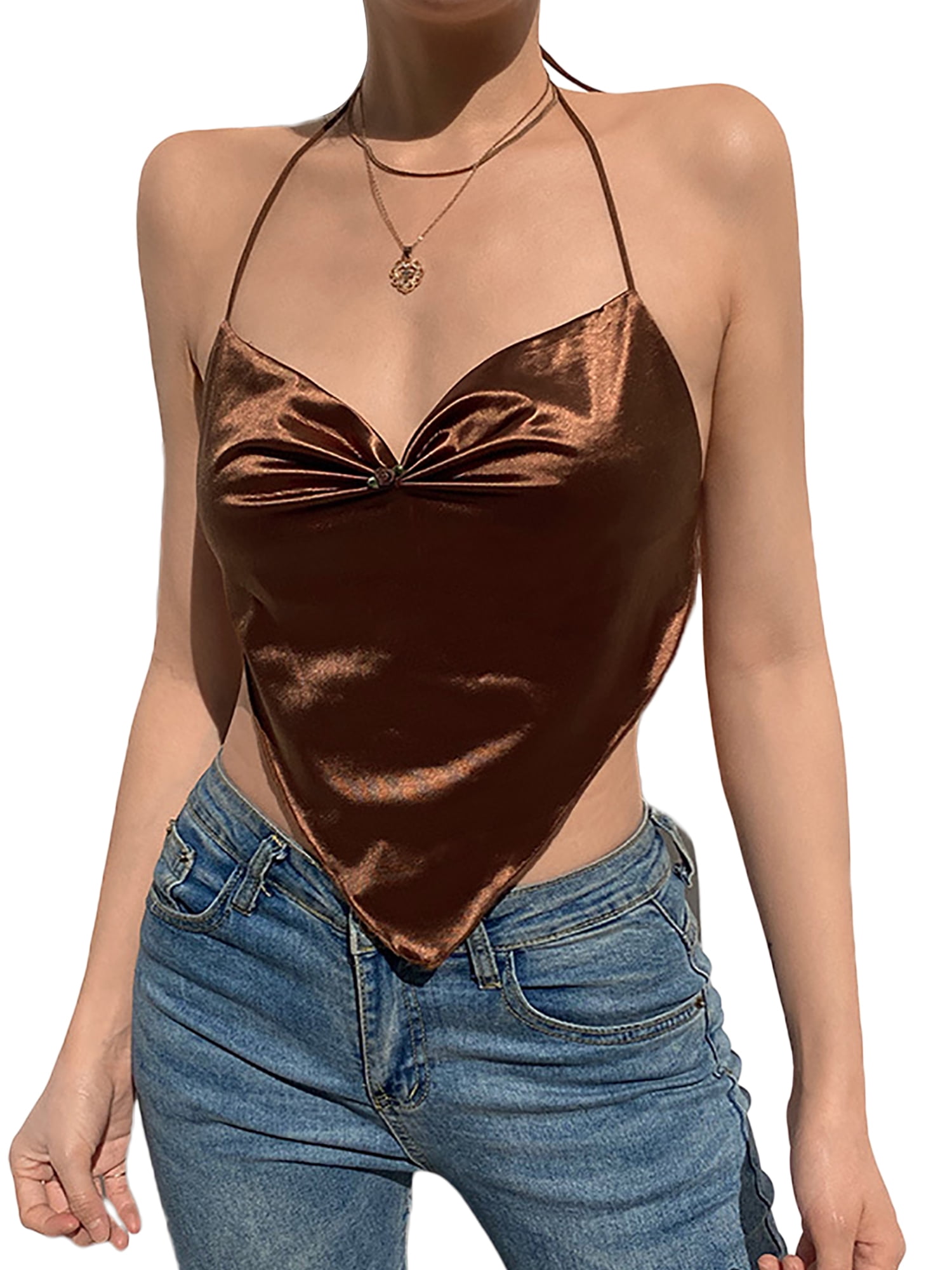 KOMOO Women Lace-Up Crop Tops Summer Solid Color V-neck Triangle